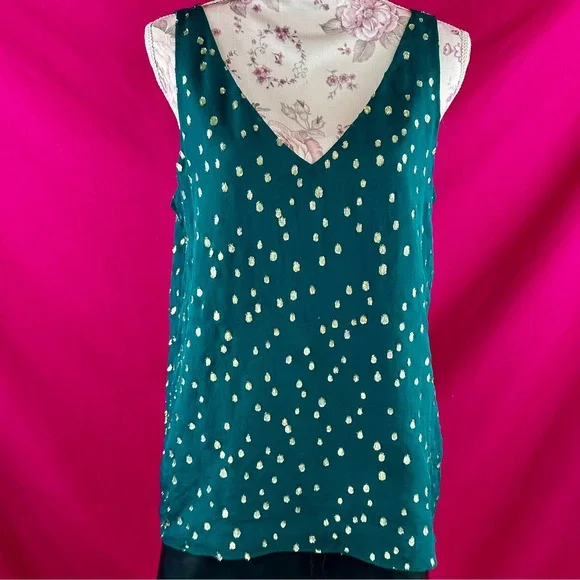 Lilly Pulitzer Silk Tank Top Gold Metallic‎ Dot Green Sleeveless V Neck Size M - Picture 3 of 17